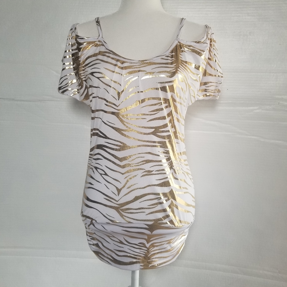 BODY CENTRAL WOMENS PRINTED GOLD AND WHITE OFF THE SHOULDER BLOUSE